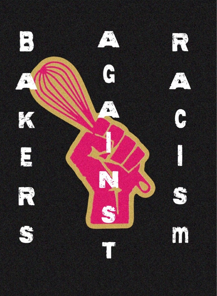 A hand holding up a whisk with Bakers Against Racism text